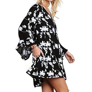 Umgee Navy floral embroidered bell sleeve dress